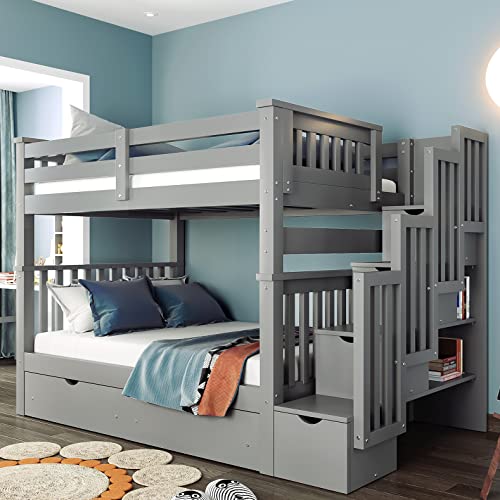 Harper & Bright Designs Bunk Bed with Stairs and Guard Rail, Wood Bunk Bed Frame for Kids, Teens, Adults