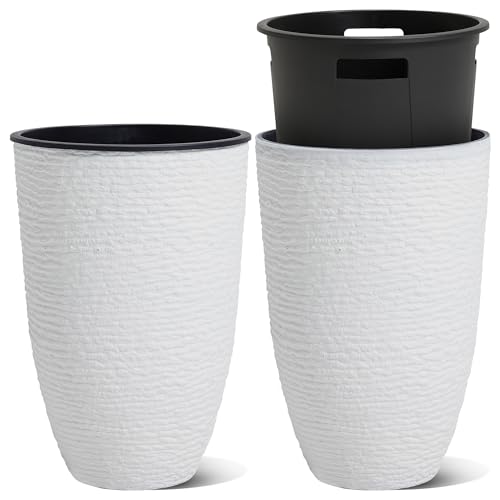 Worth Tall Planters 2 Pack - 14'' Dia Resin Large Round Flower Pots with Inner Pot for Outdoor Plants Trees