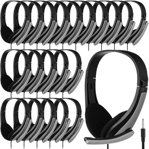 Yunsailing 20 Pack Bulk Classroom Headphones with Microphone Students Kids Wired Headphones School Class Set for School Library Computer Office Adults 3.5 Jack Universal Plug