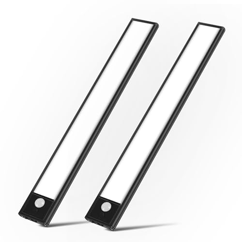 Wireless Cabinet Light, 40 LED, Rechargeable Battery, Indoor Motion Sensor Light for Kitchen, Under Stairs, Adjustable Magnetic Dimmable Closet (2-Pack) (Black, 7.87 inch)