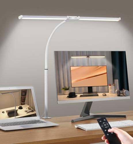 Motumen Led Desk Lamp for Home Office, Eye-Care Architect Light with Clamp, Smart Double Head Computer Monitor Table Clip Lamp, Adjustable Flexible Goose-Neck, 25 Lighting Models, Task lamp