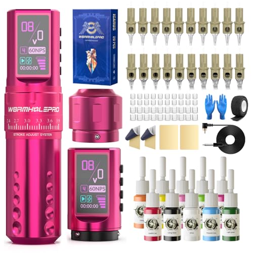 WORMHOLE PRO 80PCS Tattoo Gun Kit with 7 Adjustable Strokes, 1,800 mAh Capacity Replacement Power Supply, Digital LED Display, 20Pcs Tattoo Needles for Artists VIRGO - Pink