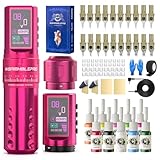 WORMHOLE PRO 80PCS Tattoo Gun Kit with 7 Adjustable Strokes, 1,800 mAh Capacity Replacement Power Supply, Digital LED Display, 20Pcs Tattoo Needles for Artists VIRGO - Pink