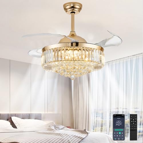 42'' Fandelier Ceiling Fans with Light, Chandelier Ceiling Fan, Retractable Crystal Ceiling Fan for Bedroom, Living Room, 3 Color Change, LED Dimmable, 6 Speeds, Reversible DC Motor