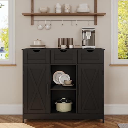 Viaozutis Storage Cabinet, Coffee Bar Cabinet with 2 Adjustable Shelves, 3 Drawers, and 2 Doors, for Bathroom, Kitchen, Living Room