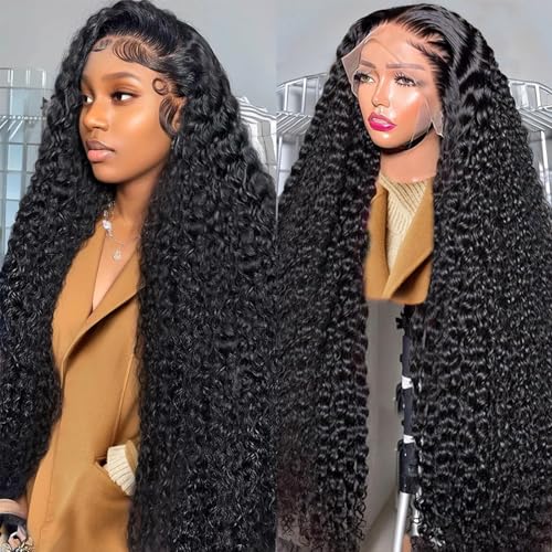 Noxlouis 34 Inch Deep Wave Lace Front Wigs Human Hair Wig for Woman 13x4 Hd Deep Curly Lace Front Wig Human Hair Pre Plucked Deep Wave Lace Frontal Wigs