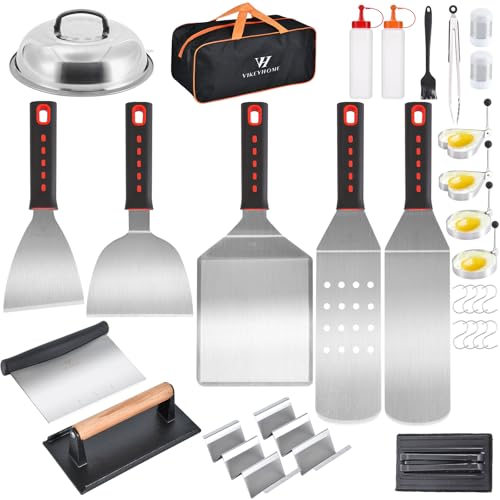 Griddle Grill Tools Set, Professional Grill BBQ Spatula Set with Basting Cover, Spatula, Scraper, Bottle, Tongs, Egg Ring