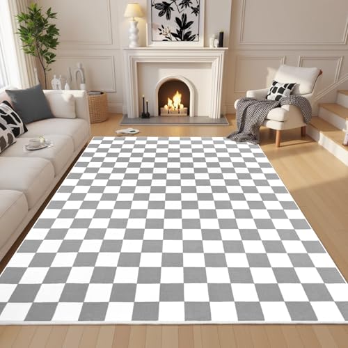 Terrug Checkered Rug for Living Room,Area Rugs Washable with Non Slip for Bedroom,Soft Low Pile Stain Resistance Retro Carpet for Dorm Kids Room