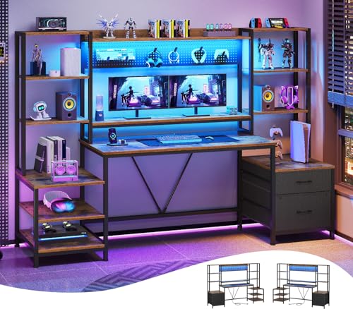 UPOSOJA Gaming Desk with Hutch, 65in Reversible Computer Desk with Power Outlets LED Light, Home Office Desk with Monitor Stand 2 Drawers 4 Storage Shelves Pegboard 8 Hooks Mouse Pad