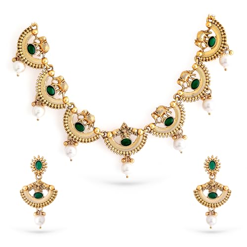 Rubans 22K Gold-Plated Emerald Green & Pearl Beaded Statement Necklace Set with Matching Earrings