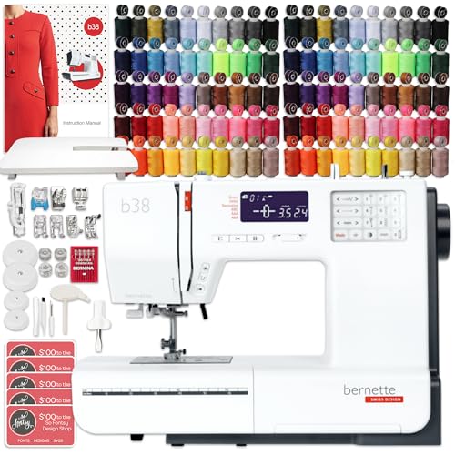 Bernette B38 Top End Sewing Machine with Extension Table, 100 Spools of Thread, Accessories, and Designs