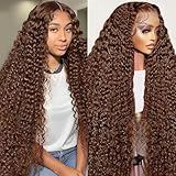 MXTQO 30 Inch Chocolate Brown Deep Wave Lace Front Wigs Human Hair 200 Density 13x6 HD Lace Frontal Wigs Curly Human Hair Brown Glueless Wig For Women Pre Plucked with Natural Hairline