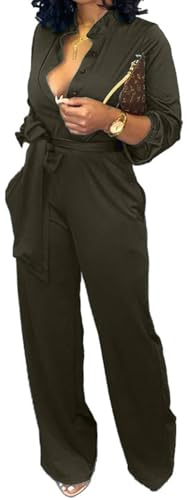 Women Jumpsuits For Elegant Sexy V Neck Long Sleeve Casual for Work Wide Leg Pants with Pockets Belt