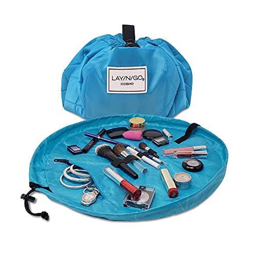 Lay-n-Go Cosmo Layflat Drawstring Cosmetic & Makeup Bag Organizer w/Zipper Pocket, Brush Loops & More, Cinch to Close, Lay Flat to Use, Durable, Machine Wash, Travel Toiletry Bag