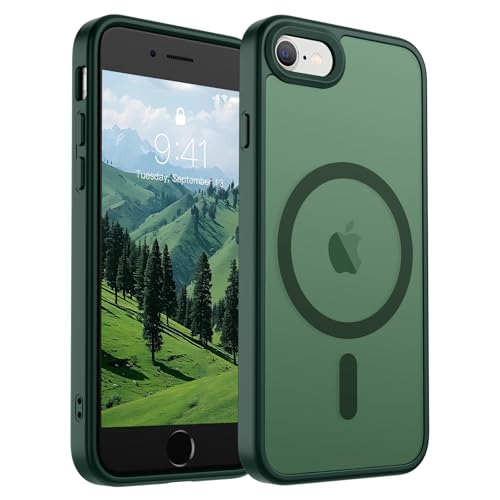 SUPFINE Magnetic for iPhone SE Case 2022(3rd)/2020(2rd),iPhone 8 Case(Compatible with MagSafe)(Military Grade Drop Protection) Slim Translucent Matte Phone Case,Forest Green