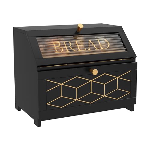 HOLTICO Double Layer Bread Box With Golden Trim for Countertop, Wooden Bread Container for Kitchen Counter, Corner Bread Storage