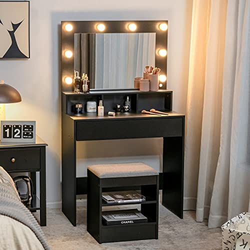 CHARMAID Vanity Desk with Mirror and Lights, Makeup Vanity Table with Large Drawers, Storage Shelves, Charging Station, 3 Lighting Modes, Modern Vanity Dressing Table with Stool for Bedroom