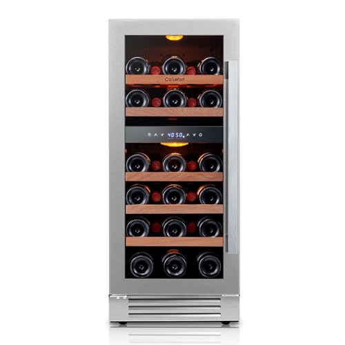 Ca'Lefort 15 Inch Wine Fridge - 28 Bottles Dual Zone Wine Cooler with Glass Door, 40-65° Temp Control, Adjustable Shelf & 3 LED Light Built-in or Freestanding for Home Bar Kitchen Left-Hinged Door