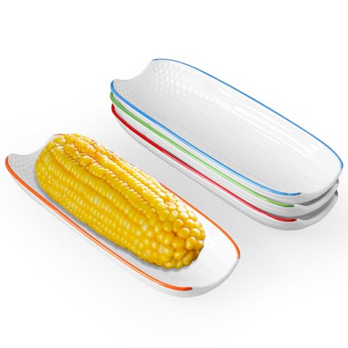 Cinf Ceramic Corn Cob Holders 8.8" Corn Dishes Set of 4 Trays Non-slip Bottom Microwave Dishwasher Oven Safe