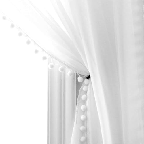 MISS SELECTEX Linen Look Pom Pom Tasseled Sheer Curtains - Rod Pocket Voile Semi-Sheer Curtains for Living and Bedroom, Set of 2 Curtain Panels