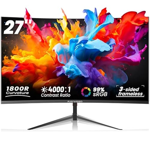 Raywego 27 inch 1800R Curved Monitor 1080p,Borderless Display,4000:1 Contrast Ratio,Computer Monitor with FreeSync & Eye-Care,Tilt Adjustable for Home Office,Eye Comfort(HDMI Cable Included)