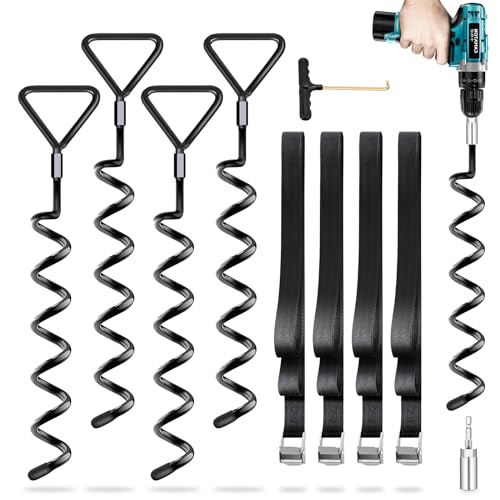 Earth Anchors Trampoline Heavy Duty Stakes Kit - Spiral Screw In Ground Anchors with Straps for Swing Set