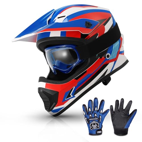 TCMT DOT Youth Kids Dirt Bike Helmet Youth Motocross Helmet Full Face ATV Four Wheeler Motorcycle BMX Helmet for Boys Girls, Off-Road Protective Gear with Goggles Gloves New