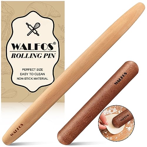 WALFOS Beech Wood Rolling Pin, Wooden and Stainless Steel Rolling Pins, Dough Roller for Baking Pizza Dough, Pie and Cookies