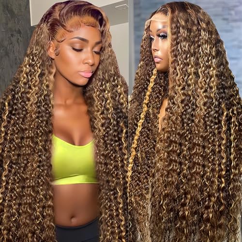 PXTPXT 30 Inch Highlight Ombre Lace Front Wig Human Hair 200% Density 13x6 Honey Blonde 4/27 Deep Wave Glueless Pre Plucked HD Lace Frontal Wigs for Women