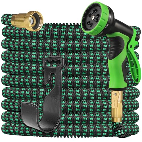 50ft Expandable Garden Hose Water Hose - Kink Free Flexible Expending Hose 50ft with 10 Function Nozzle and 3-Layers Latex, 3/4 Solid Solid Fittings, Lightweight pipe (Green)