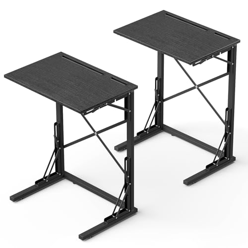 Evermagin 21''Wx28''H Folding TV Tray Table, Small Foldable C-Shaped End Table for Eating with Tablet and Phone Slots, Slide Under Couch Side Table for Recliner, Living Room, Bedroom