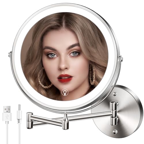 MNIENT Wall Mounted Lighted Makeup Mirror, Rechargeable Double-Sided Magnifying Mirror 1x/10x, 3 Colors Led Vanity Mirror with Lights, Touch Dimmable 360° Rotation Foldable Light up Mirror