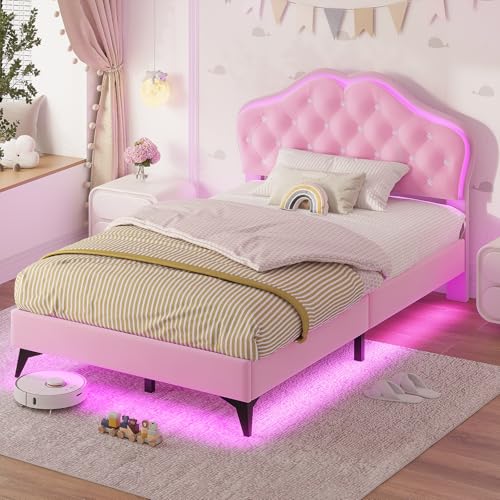 ADORNEVE Priness Bed Frame with RGB LED Lights, Velet Upholstered Platform Bed with Adjustable Crystal Button Headboard