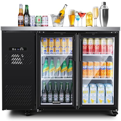 BODEGACOOLER Commercial Back Bar Cooler with 2 Glass Doors,12 Cu.Ft Stainless Steel Commercial Counter Height Bar Refrigerator,Display Drink Beverage Beer Fridge LED Lighting,SUS304 Top,4 Casters