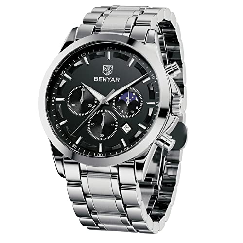 BY BENYAR Mens Watches Analog Quartz Chronograph Waterproof Wrist Watches for Men Fashion Business Work Casual Sport Designer Dress Watch with Calendar Elegant Gifts for Men