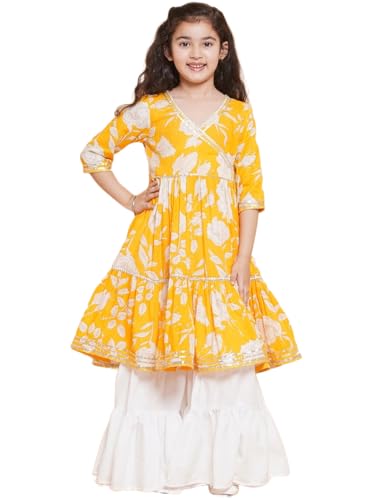 Preneum Girls Cotton Fabric Floral Printed 3/4 Sleeve Angrakha Gotta Patti Kurta & Sharara Dress Set with Dupatta, All Occasion Salwar Suit (IN, Age, 11 Years, 12 Years, Regular, Yellow)
