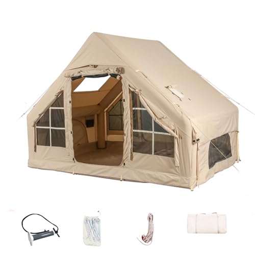 Inflatable Camping Tents with Hand Pump, Air Glamping Tents, Easy Setup Waterproof and Windproof Blow up Tent, 4 Seasons Oxford Cabin Tent with Mesh & Chimney Window.