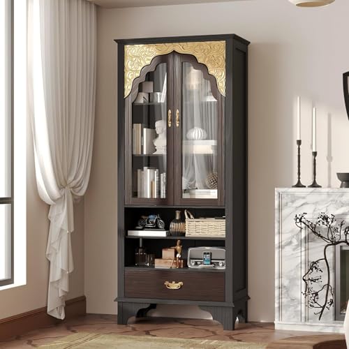 TAMUNE Carved Storage Cabinet with Glass Doors & Drawer, Pooja Mandir with Shelves, Decorative Cabinet Display Cabinet for Living Room
