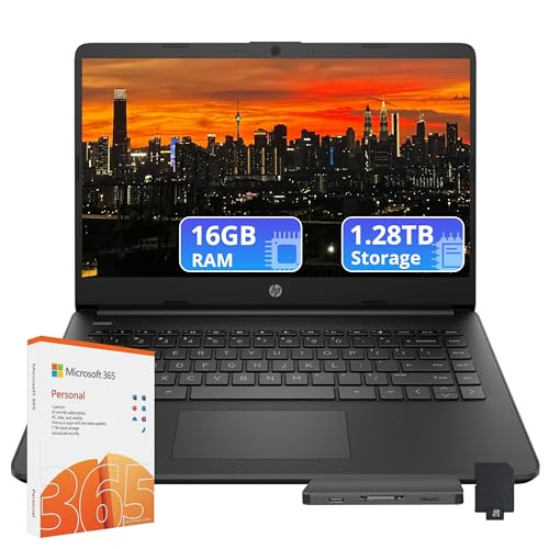 HP Flagship 14" HD Laptop with 1 Year Office 365 | 16GB RAM | 1.28TB Storage(128GB EMMC & 160GB Docking Station Set & 1TB Cloud Storage) | Intel 4-Core Processor | Webcam | Wi-Fi | Windows 11 | Black