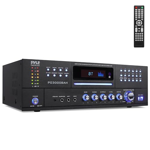 Pyle 4 Channel Wireless Bluetooth Amplifier - 3000 Watt Stereo Speaker Home Audio Receiver w/FM Radio, USB, 2 Microphone w/Echo for Karaoke, Front Loading CD DVD Player, LED, Rack Mount - PD3000BA