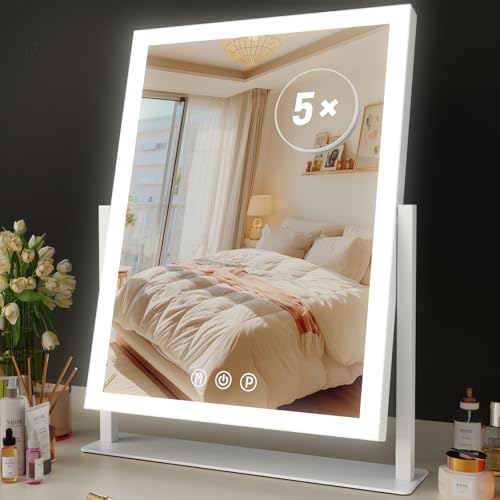 Gvnkvn Makeup Vanity Mirror with Lights - Large Lighted Mirror for Desk, Bedroom, Dressing Room Tabletop, Light Up Mirror with Dimmable 3-Color Led, Memory Function,
