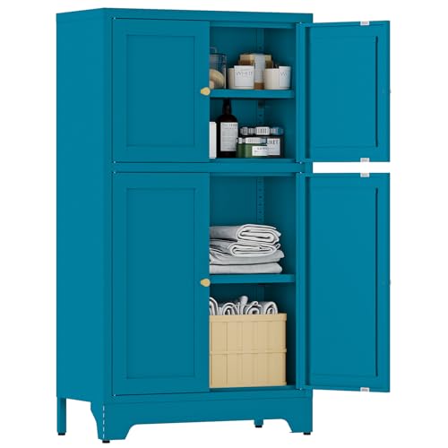 YAUWOH Metal Bathroom Storage Cabinet, Metal Storage Cabinet with 2 Adjustable Shelves & 2 Doors,Freestanding Sideboard for Small Spaces