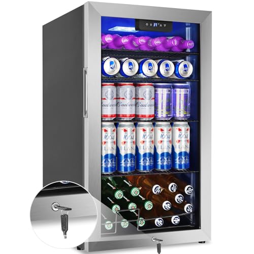 Beverage Refrigerator Cooler, 128 Cans Mini Fridge Glass Door for Drink Beer Soda Wine, 3.2 Cu.Ft Small Fridge for Kitchen Bedroom Office Bar, with 4 Adjustable Removable Shelves, Stainless Steel