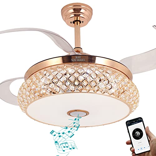 BAYSQUIRREL Retractable Crystal Ceiling Fan with Light and Remote/APP Control,Bluetooth Ceiling Fan With Speaker,Flush Mount Chandelier Ceiling Fan