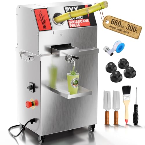 PYY 800W Electric Sugarcane Juicer Machine - 660lbs/hr 28 RPM High Output Sugar cane Juicer, 3-Rollers Stainless Steel Sugarcane Machine Extractor with Wheels for Home & Commercial