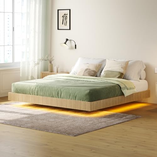Tatub Floating Bed Frame with LED Lights, Fluted Bed Frame Floating, Mid Century Modern Floating Platform Bed with Heavy Duty Metal Slats, No Box Spring Needed