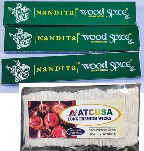 Combo Pack - 100 Premium Long 3" Diya Wicks with Nandita 15 gm Incense Sticks for Aromatherapy Yoga Meditation (Wood Spice 15gm x 3 + 100 Wicks)