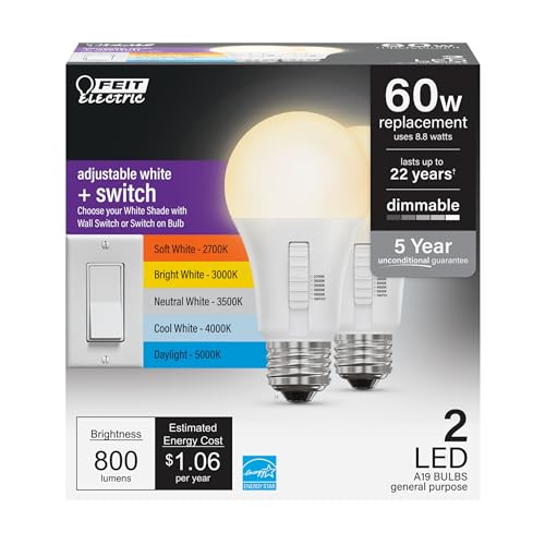 Feit Electric A19 LED Light Bulb, 60W Equivalent, E26 Medium Base, CRI 90, 10 Year Lifetime, UL Listed, Damp Rated, OM60/XXCA10K/XX