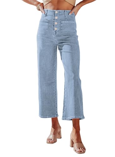 Sidefeel Women's Wide Leg Jeans High Waisted Zimbaplatinum Stretchy Straight Leg Jeans Buttoned Loose Denim Pants with Pocket