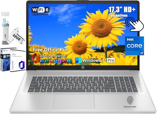 HP 17 Business Laptop, 17.3" HD+ BrightView Touch Screen, Intel 10-Core i7-1355U(Up to 5 GHz), 64 GB RAM, 2 TB SSD, WiFi 6, Bluetooth, 720P Webcam, Win 11 Pro, Microsoft Office Pro License, Silver